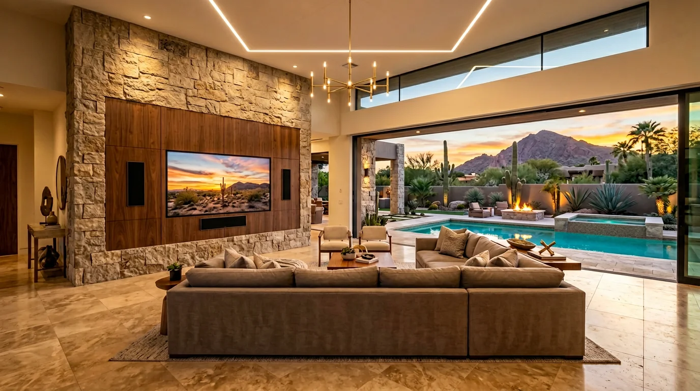 Great room with integrated media wall and pool view